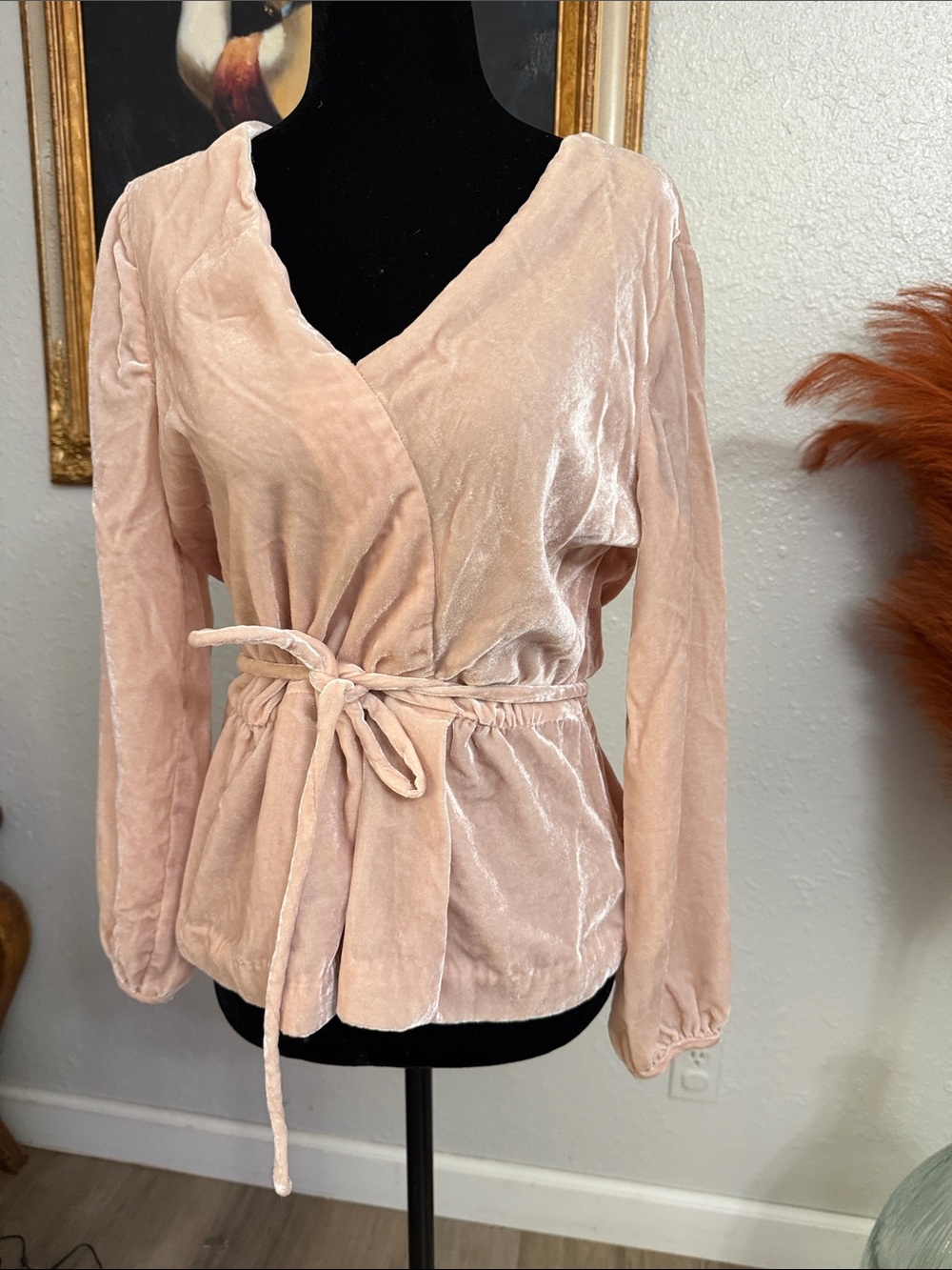 J crew Blush Pink Velvet Wrap Top with Waist Tie